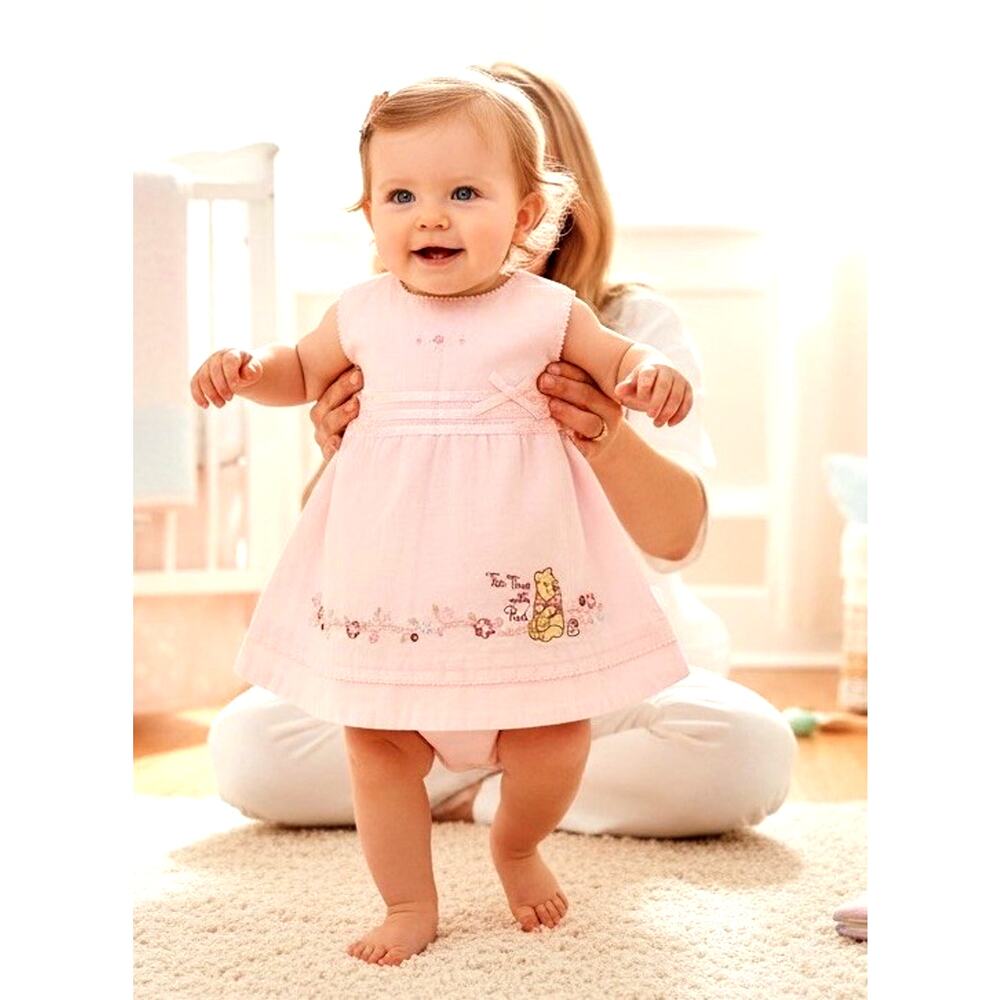 VTG Classic Winnie The Pooh Baby Girl Dress Embroidered PINK Set Linen Cotton 3M